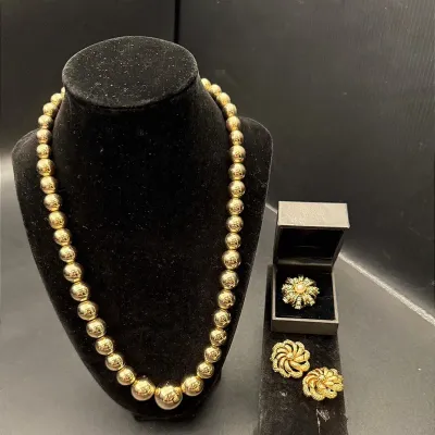 Monet Clip-on Earrings, Monet Necklace & An Adjustable Gold-Toned Faux Pearl & Rhinestone Ring