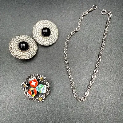 Mixed Silver-toned Lot Including A Pocket Watch Chain, Swiss Alpine Brooch And Clip-On Earrings