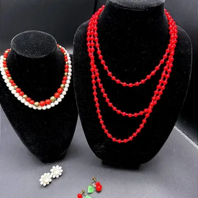Vintage Beaded Jewelry Featuring A Set Of Japanese Fruit With Jadite Leaf Screw-Back Earrings 