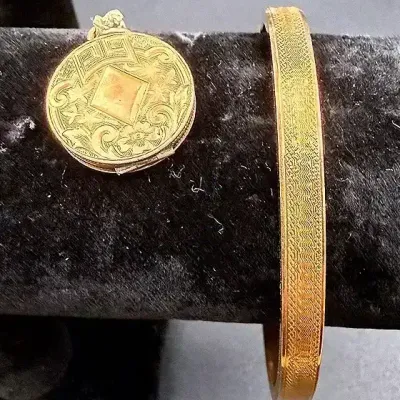 14K Yellow Gold Bangle Bracelet And 14k Gold-Plated Locket