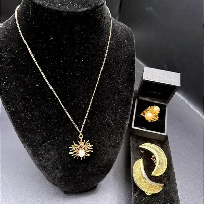 Faux Double-Pearl Cocktail Ring, Convertible Sunburst Pendant/Brooch & Crescent Clip-On Earrings