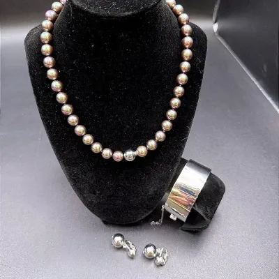 Stylish Lot Featuring Wide Hinged Bangle, Faux Pearl Choker & Silver Ball Drop Clip-On Earrings
