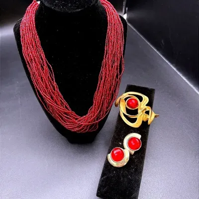 Free-Form Abstract Brooch And Clip-On Earrings With Red Cabochons & Multi-Strand Red Beaded Necklace