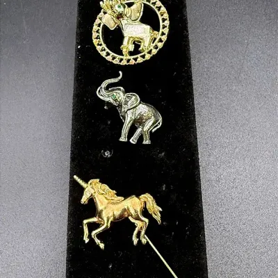 Sterling Silver Danecraft Elephant Brooch, Gerry’s Elephant Brooch & Gold-toned Unicorn Stick Pin 