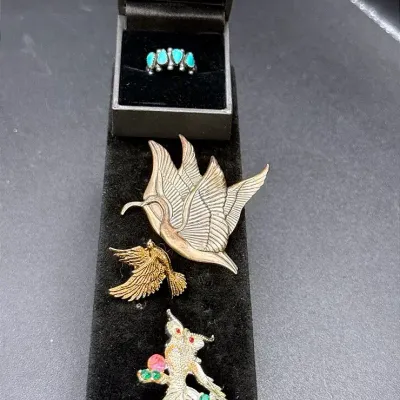 Bird Brooches And Sterling Silver Turquoise Colored Stone Ring