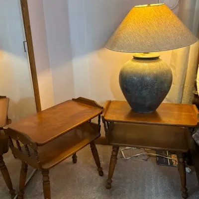 Pair of Wood End Tables with Lower Shelves with Lamp