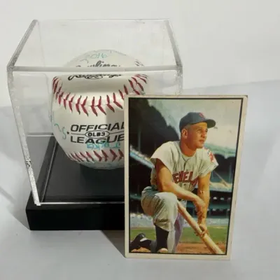 Al Rosen 1950’s Baseball Trading Card, Rawlings Ball and Louisville Slugger Bat