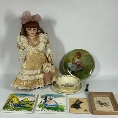 Vintage Porcelain Doll with Tea Cup & Saucer, Nursery Rhyme Prints and Decor