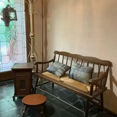 Oak-Style Wooden Bench with Cushions, Side Table & Stool