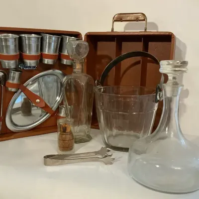 Vintage Barware Set with Wooden Case, Glass Decanters & Pewter Cups