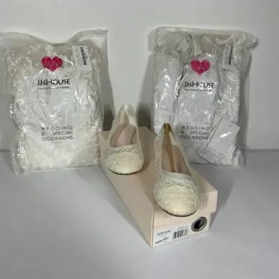 White Lace Wedding Attire & David's Bridal Shoes, Size 9