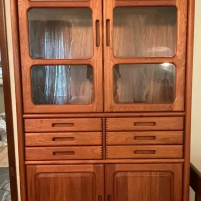 Mid-Century Modern Wood Display Cabinet with Glass Doors and Drawers
