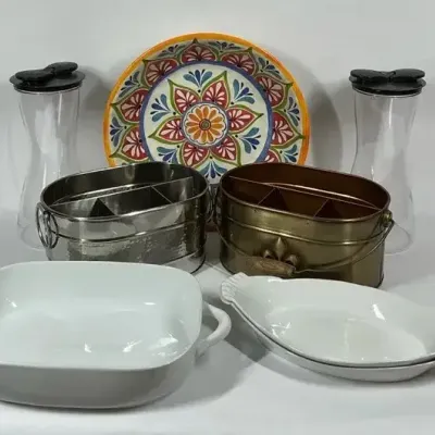 Serving Dishes, Divided Baskets, Plastic Carafes & Decorative Plate