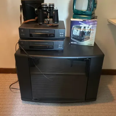Vintage GE VHS VCRs, Curtis Portable TV, Tasco Binoculars & TV Stand