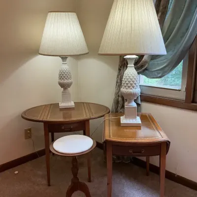 Pair of Table Lamps with Two End Tables and Accent Stool