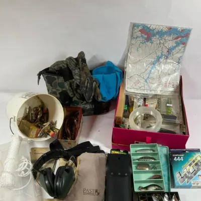 Fishing and Outdoor Gear with Tackle, Hunting Accessories and Map