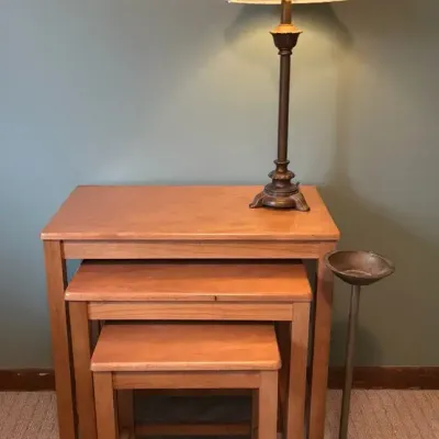 Three Nesting Tables, Floor Lamp and Metal Pedestal Stand