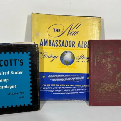 Vintage Stamp Albums and 1959 Scott’s U.S. Stamp Catalogue