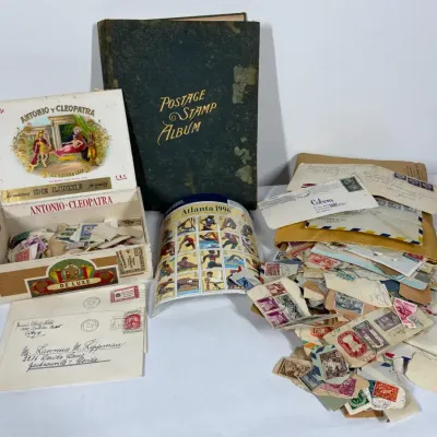 Vintage Postage Stamp Album, Stamps, Covers & Antonio y Cleopatra Cigar Box