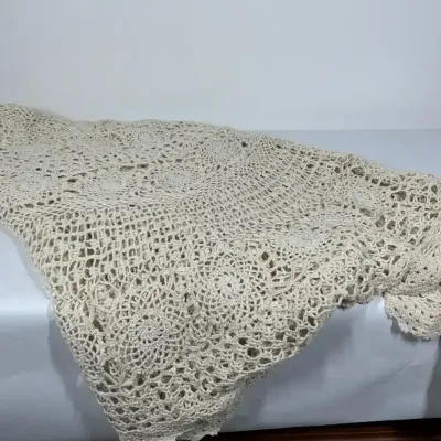 Vintage Crocheted Oblong Tablecloth Handmade Approximately 84” 