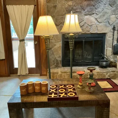Wood Coffee Table with 2 Floor Lamps, Game & Decorative Accessories