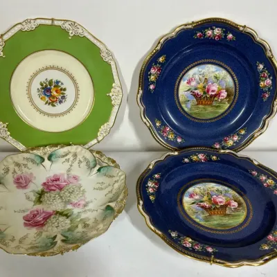 Cauldon China England Decorative Floral Plates, Cobalt Blue & Green, 4 Pieces