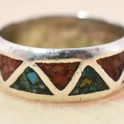 Turquoise & Coral Inlay Sterling Silver Band Ring