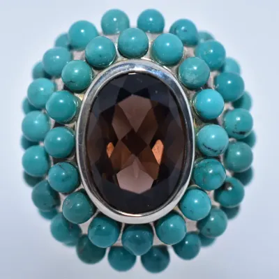Smokey Quartz & Turquoise Sterling Silver Statement Ring