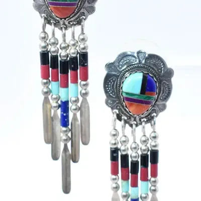 Onyx, Coral, Lapis Lazuli, Malachite & Turquoise Sterling Silver Dangle Earrings