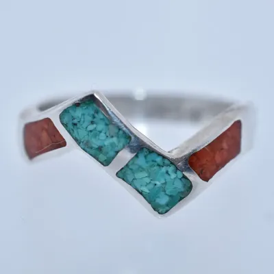 Turquoise & Coral Inlay Sterling Silver Band Ring