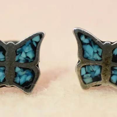Turquoise Inlay Sterling Silver Butterfly Stud Earrings