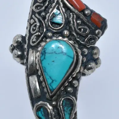 Turquoise & Coral Ornate Statement Ring