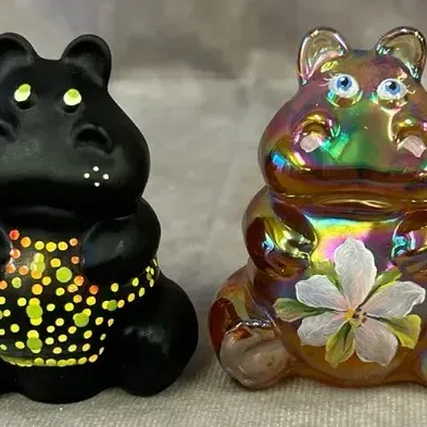 Fenton Glass Hand Painted Hippo Figurines