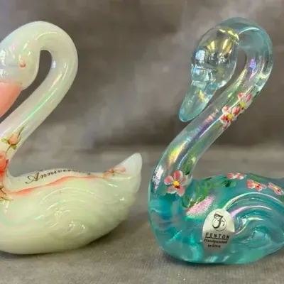 Fenton Glass Hand Painted Swan Figurines 