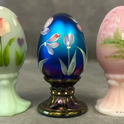 Fenton Glass Hand Painted Eggs On Pedestals