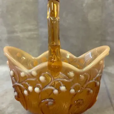 Vintage Fenton Amber Cameo Opalescent "Lily of the Valley" Glass Basket