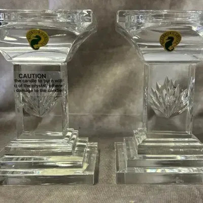 Pair of Waterford Crystal Fanlight Pillar Candleholders 