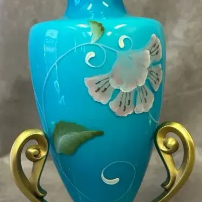 Fenton Landmark Collection Hand Painted Amphora Vase & Brass Stand