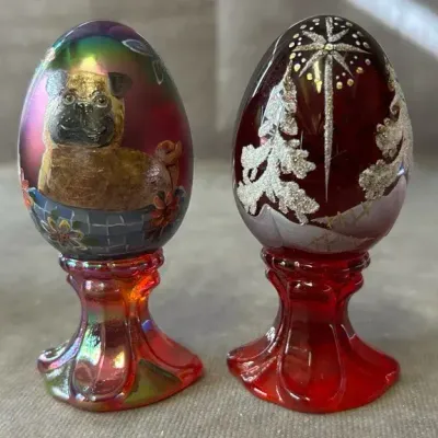 Fenton Glass Hand Painted Eggs On Pedestals