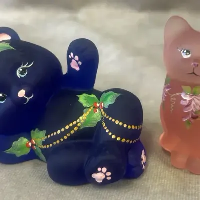 Fenton Glass Blue Bear & Pink Cat Figures 