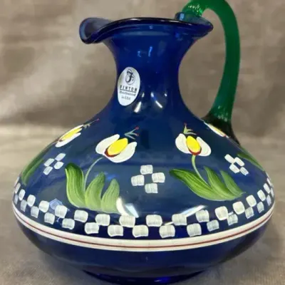  Vintage Fenton Glass Hand Painted Cobalt Blue Pitcher