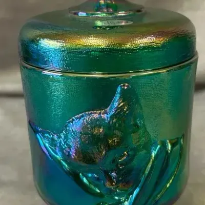Vintage Fenton Glass "Chessie" Green Carnival Glass Lidded Candy Jar 