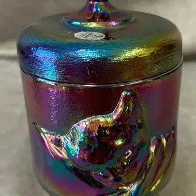 Vintage Fenton Glass "Chessie" Iridescent Carnival Glass  Lidded Candy Jar 