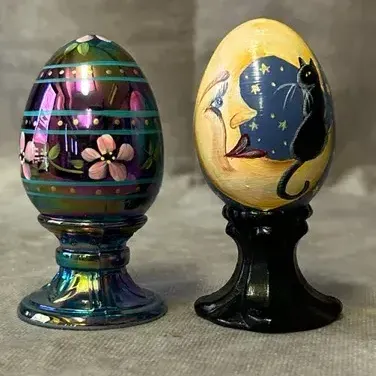 Fenton Glass Hand Painted Eggs On Pedestals