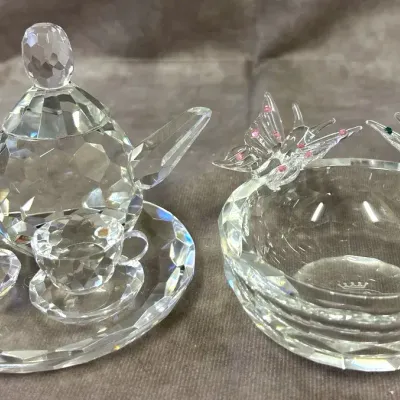 SORELLE Lead Crystal Miniature Teapot Set & Butterfly Ashtray