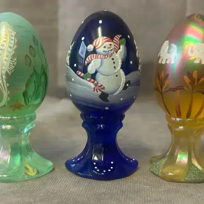 Fenton Glass Hand Painted Eggs On Pedestals