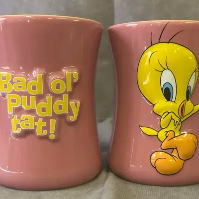 Pair of Tweety Bird Pink Coffee Mugs 