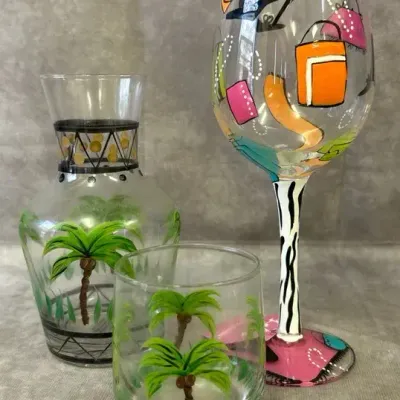 Hand Painted Wine Glass & Drink Decanter w/ Glass Cup