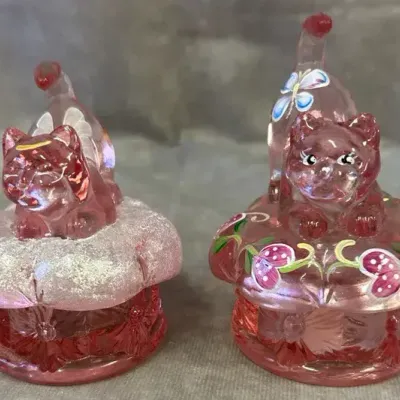 Fenton Glass Pair of Hand Painted Cat Trinket Boxes 