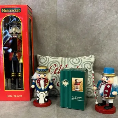 Lot of Christmas Nutcrackers, Pillow & Snow Globe Figure